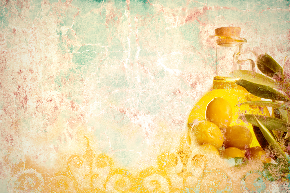 Olive oil, old colorful background with space for writing slogan