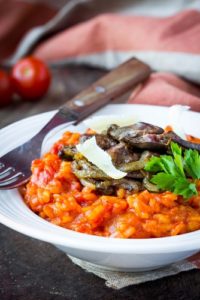 Tomato risotto, red rice with fried chicken liver, onions, homemad