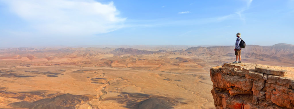 Man standing on cliff looking out at desert