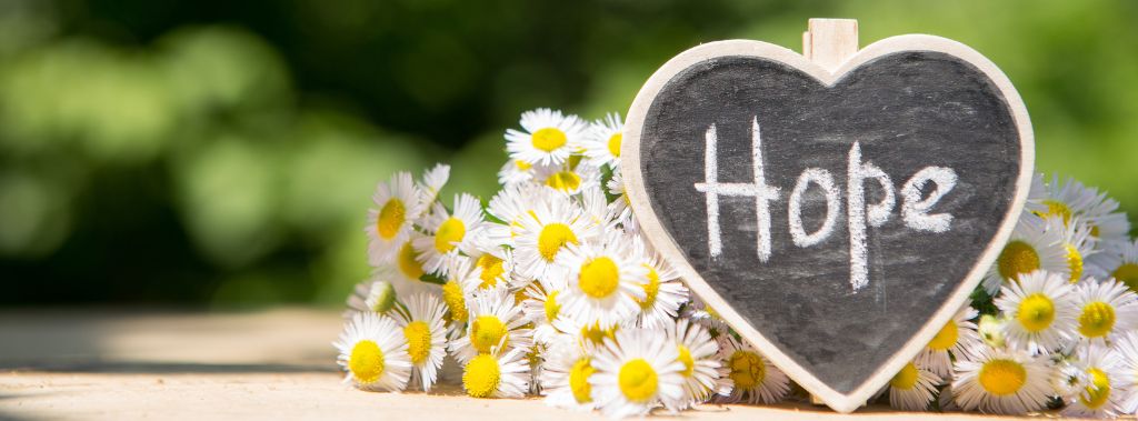 A heart-shaped chalkboard sign with the word hope written on it next to a bouquet of daisies.