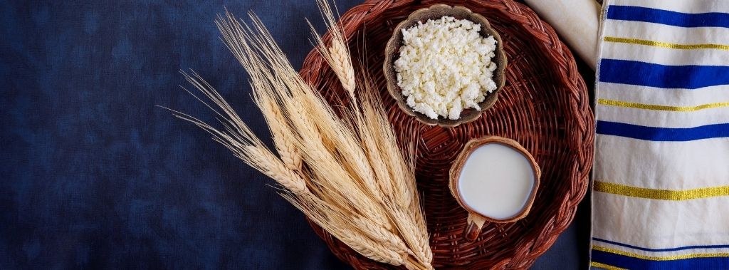 A basket of milk, cottage cheese, and wheat next to a scroll as a concept for the meaning of Shavuot.