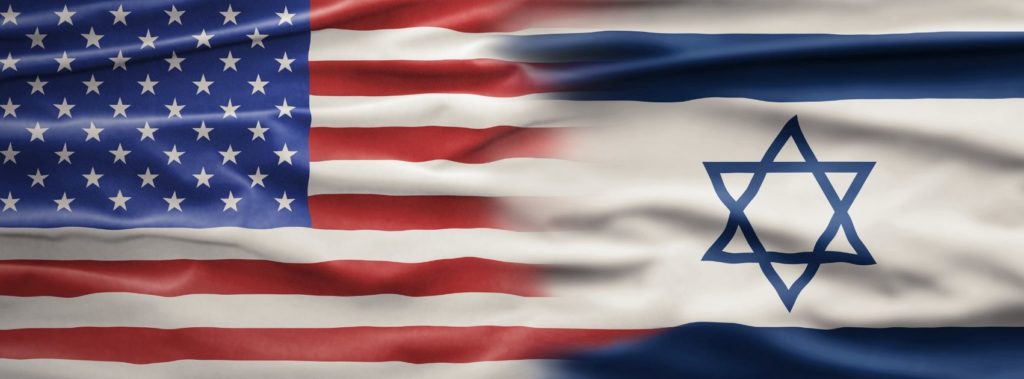 Blended flag of U.S. and Israel, representing the United States' pro-Israel stance.