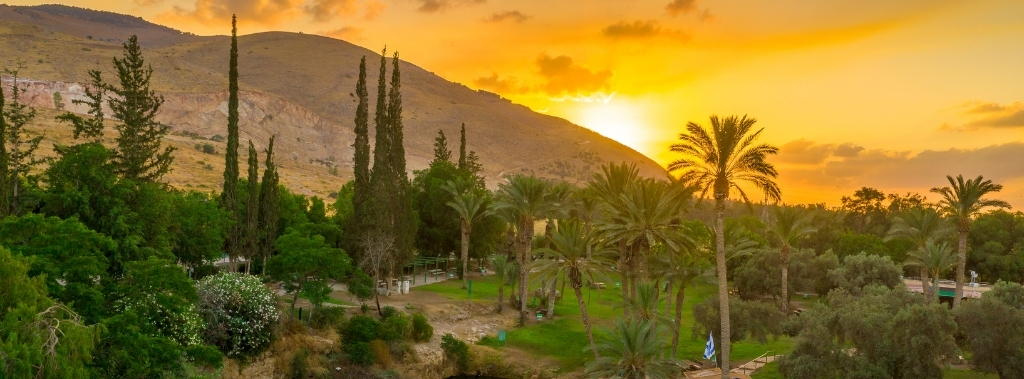 Oasis in northern Israel at sunset as concept for importance of the restoration and blessing of Israel.