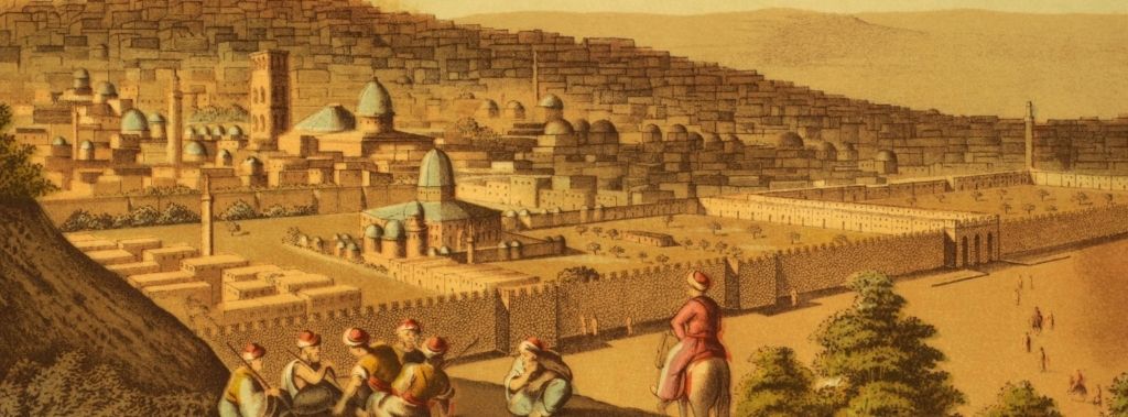 Men on top of a hill overlooking Jerusalem’s walls as a depiction of how the city once appeared.